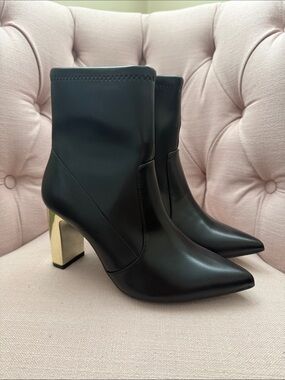 a new day Black Pointed Ankle Boots with Gold Block Heel